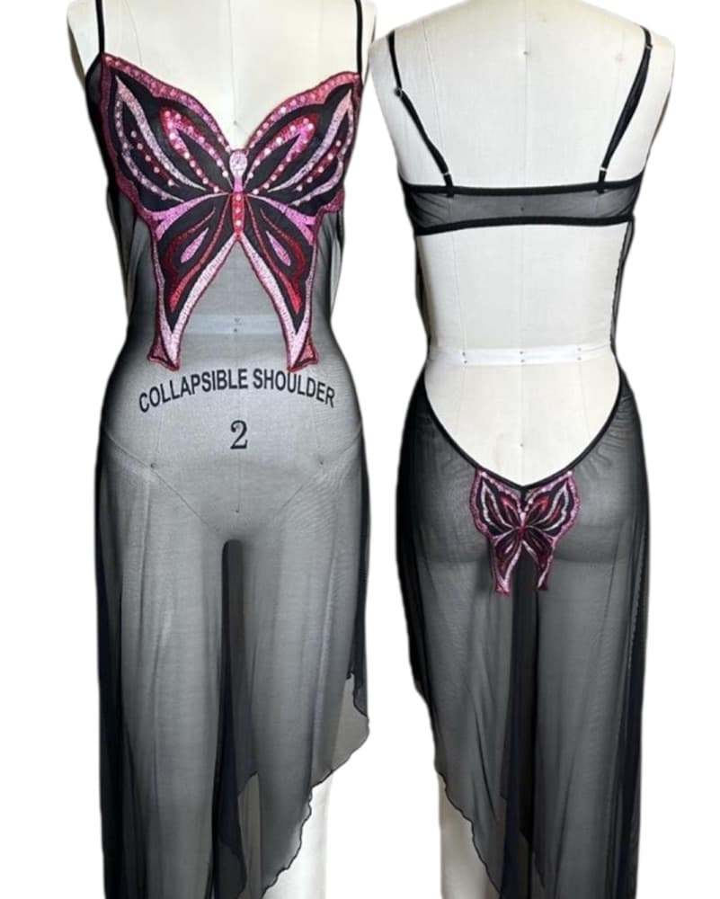 Sheer Low Back Butterfly Black Dress - Image 1