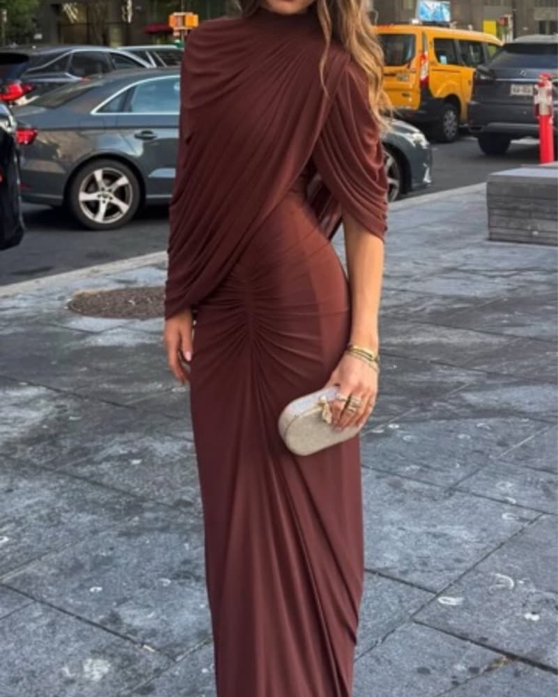 Mocha / Red Maxi Draped Formal Dress - Image 3