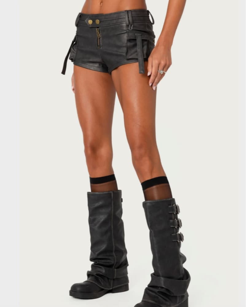Washed Faux Leather Micro Cargo Shorts - Image 3
