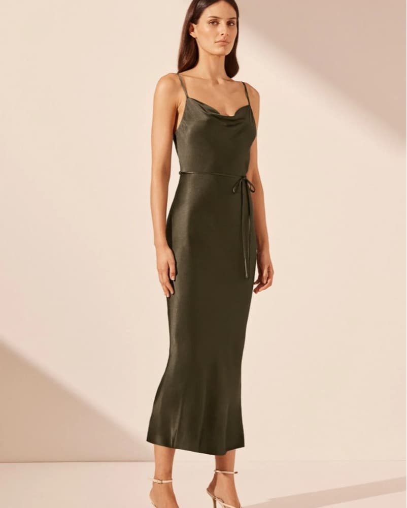 Olive Green Satin Slip Midi Dress - Image 3