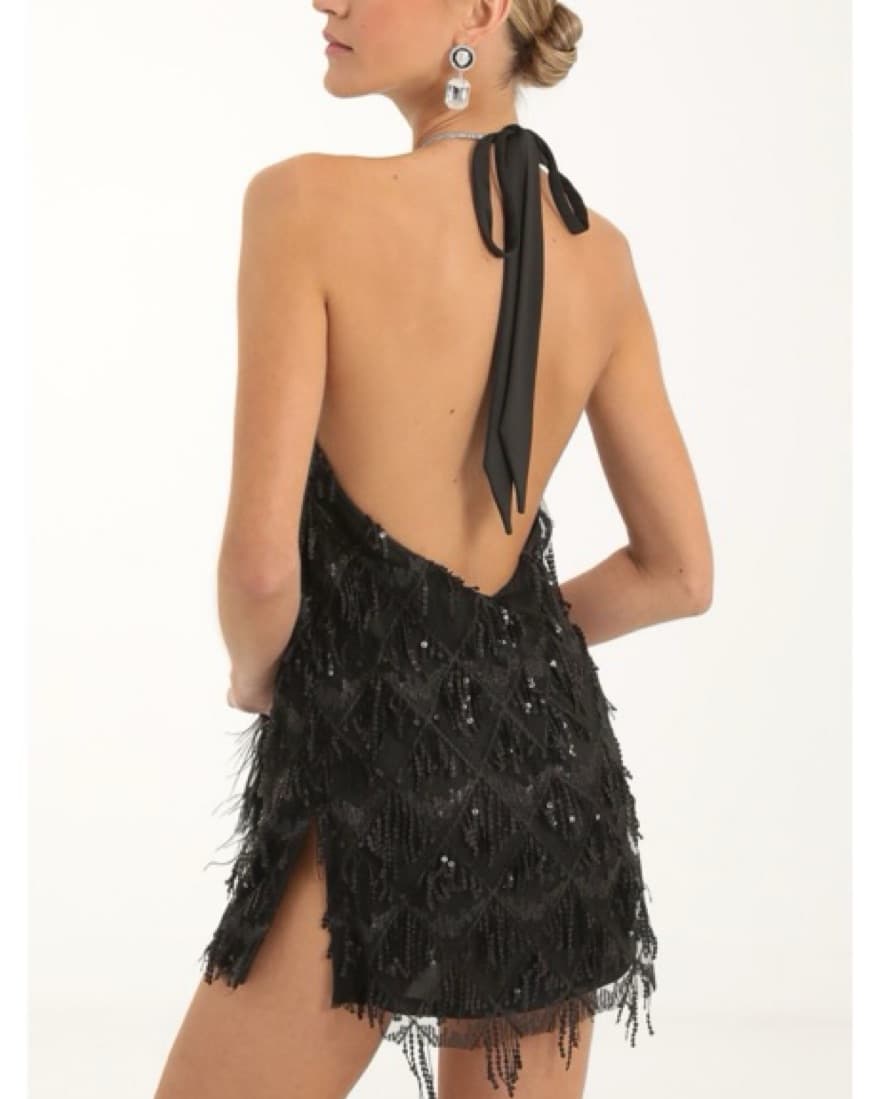 Fringe Sequin Halter Dress In Black - Image 2