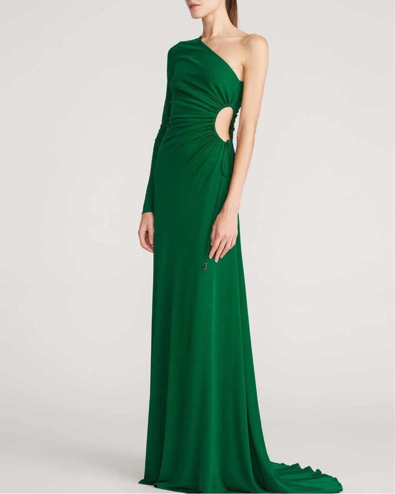 Halston Green Gown One Shoulder Cut Out - Image 1