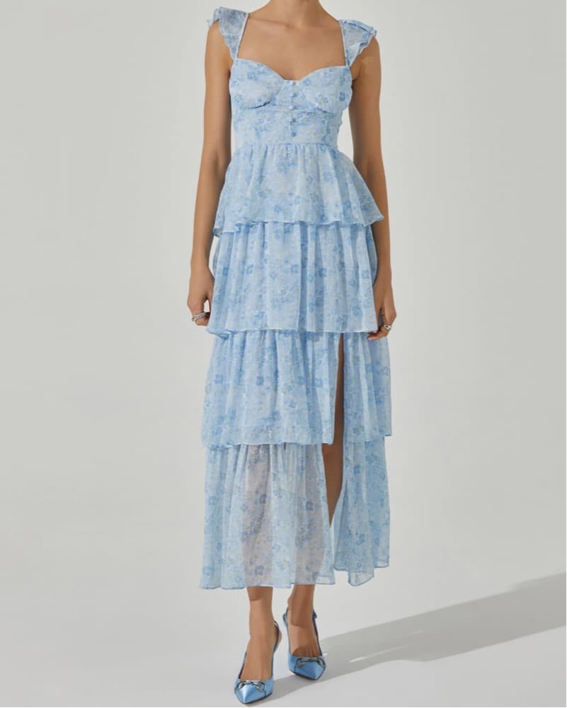 Blue Floral Tiered Ruffle Dress - Image 2