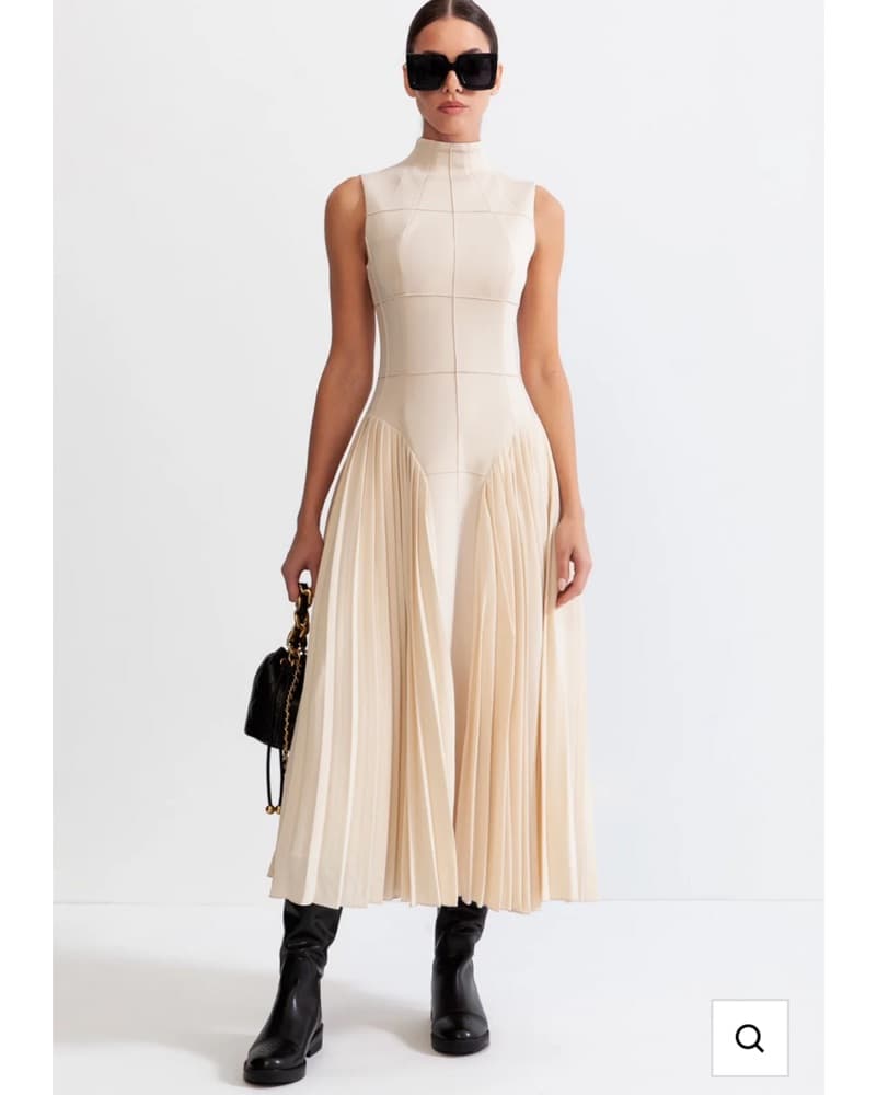 Sleeveless Cream Pleated Midi Dress  - Image 1