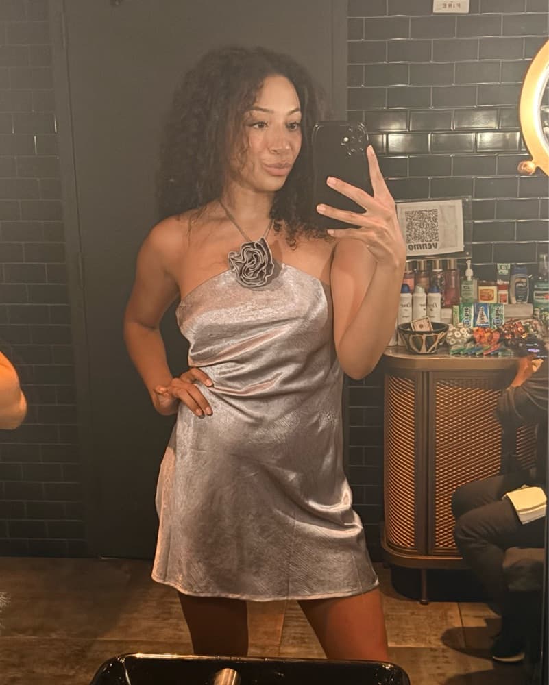 Satin Mini Dress with Floral Accent - Image 1