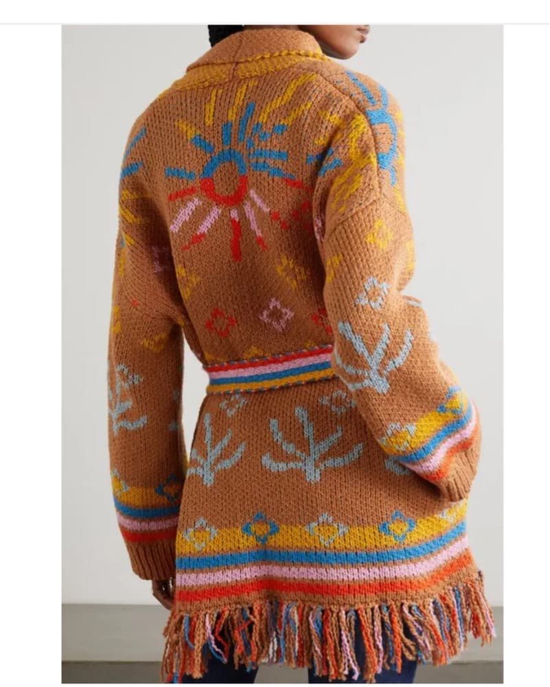 Fringed Intarsia Cotton Wrap Sweater  - Image 4