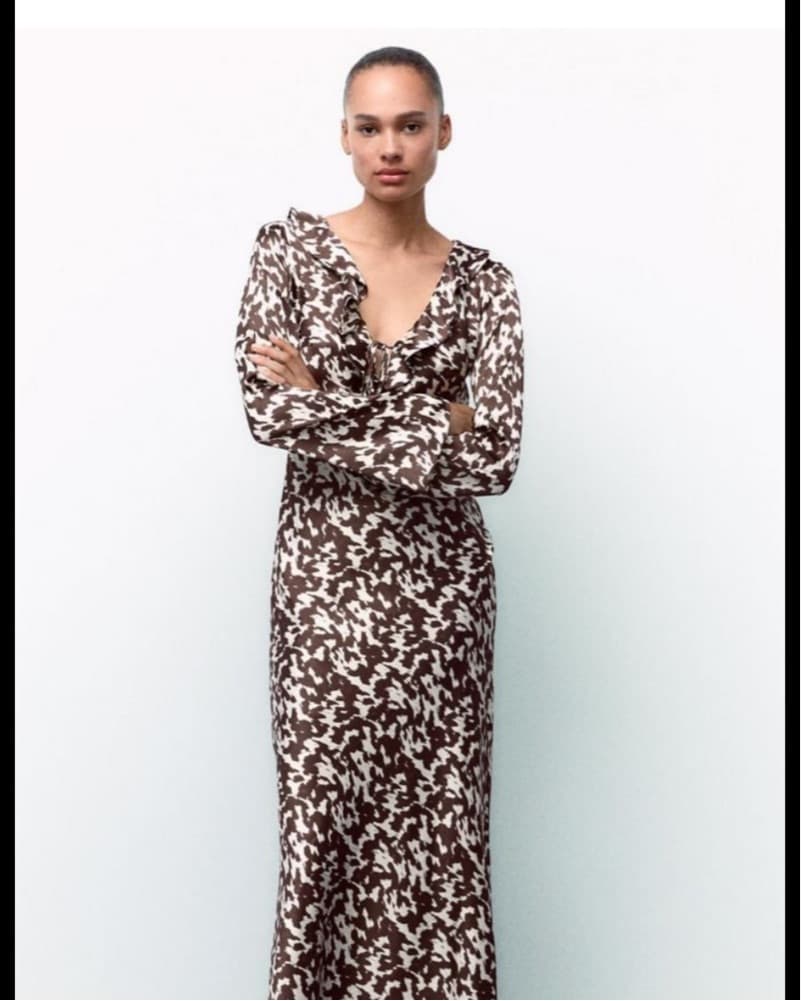 Zara brown/cream printed satin dress - Image 1