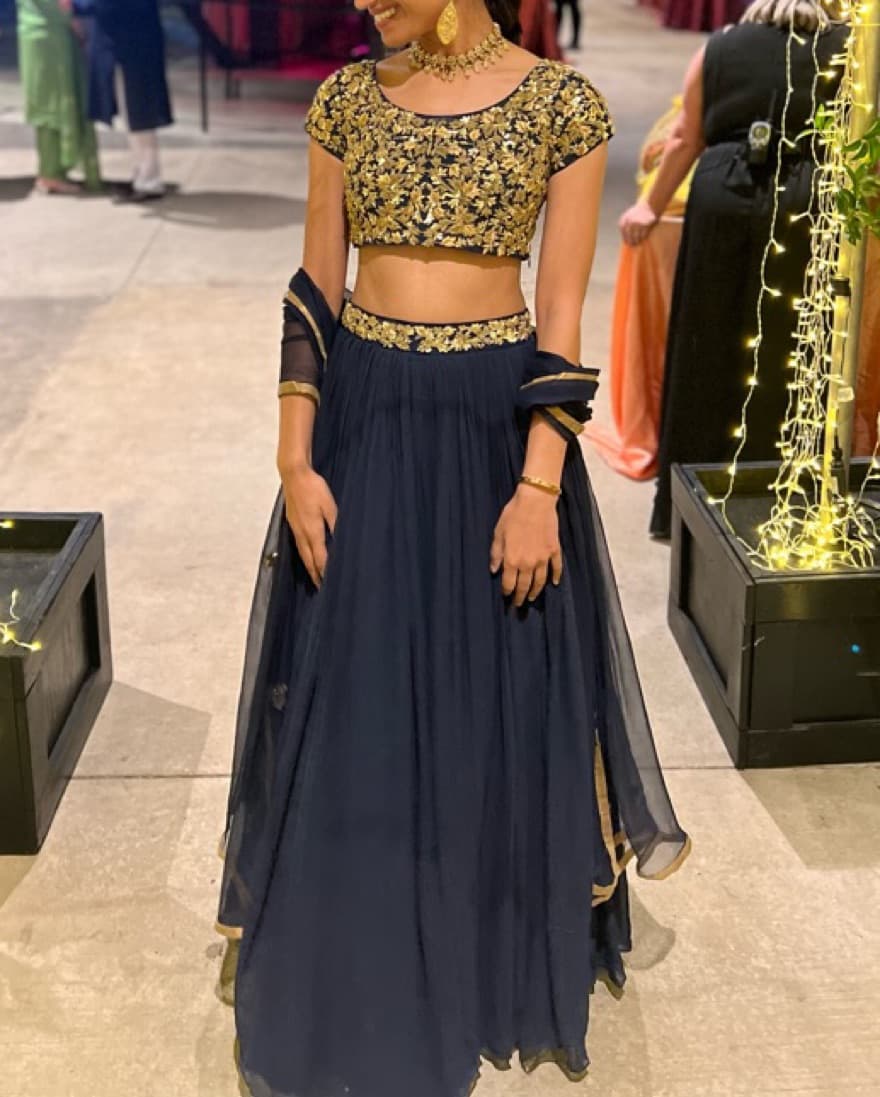 Navy Gold Embroidered Indian Lehenga - Image 3