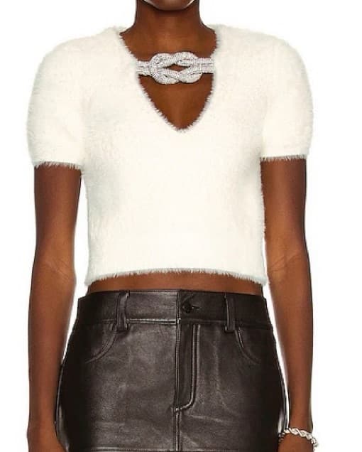 White Short Sleeve Fuzzy Top w Crystal  - Image 4