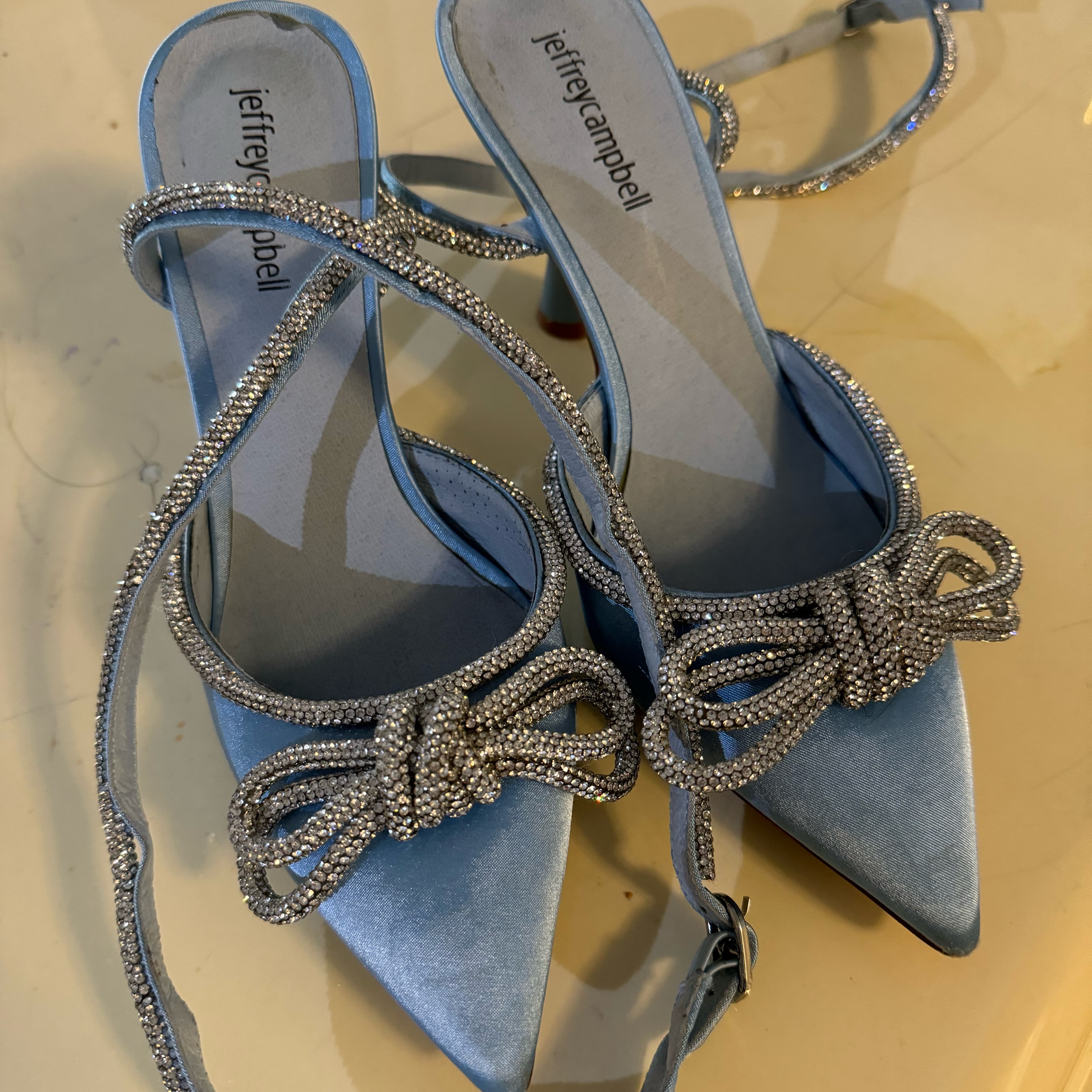 Blue Satin Heel With Rhinestone Bow  - Image 3