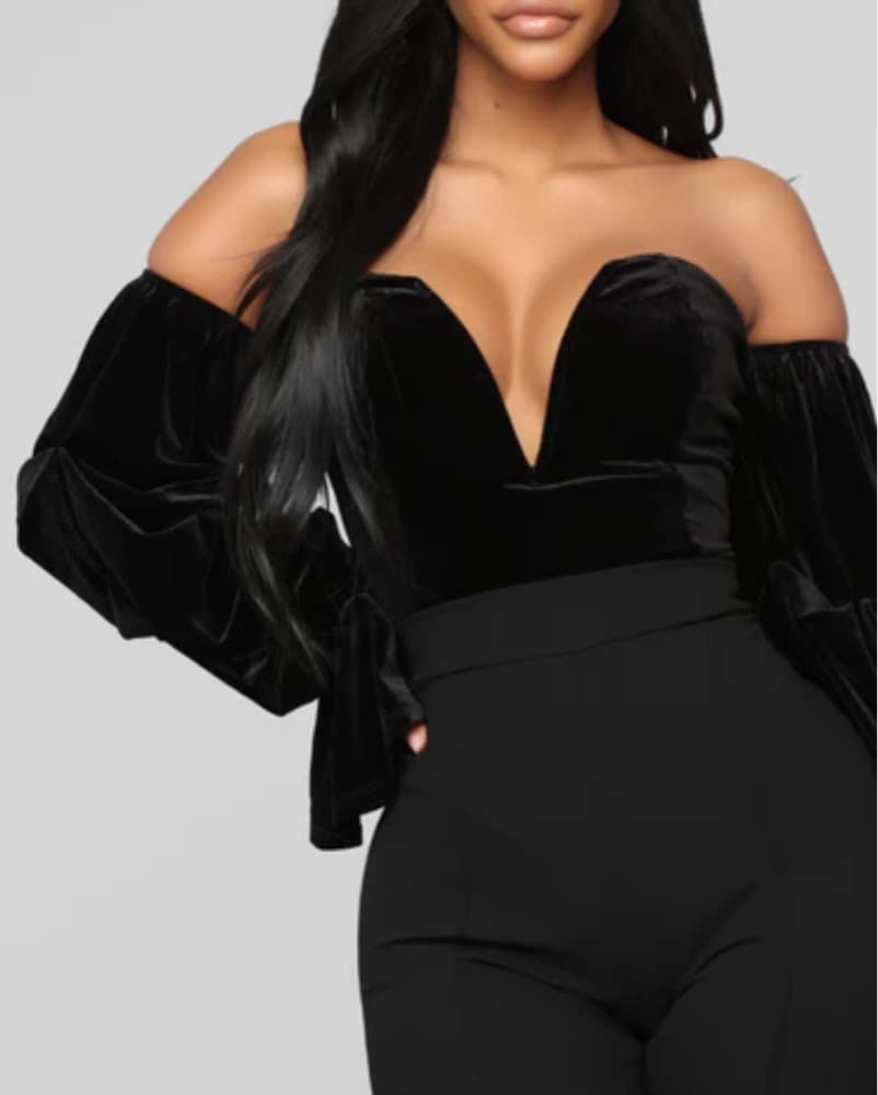 Black Velvet Off Shoulder Bodysuit - Image 4