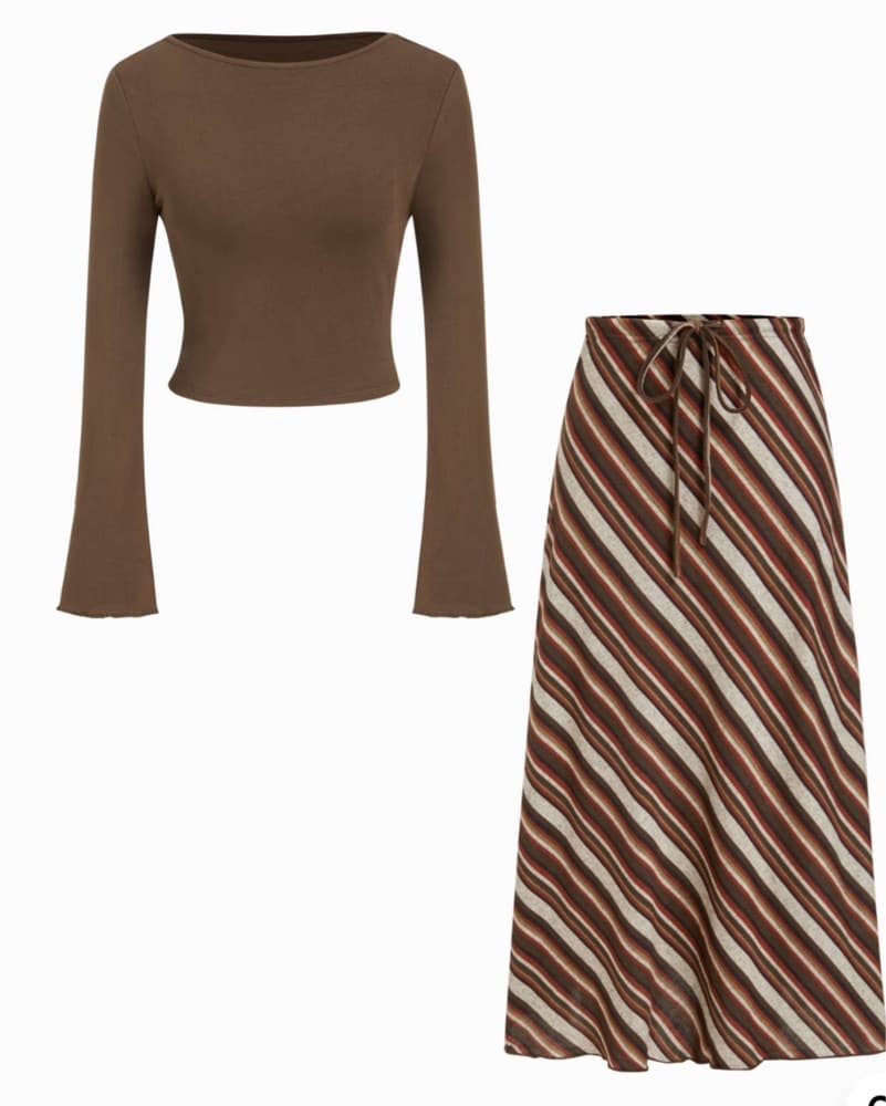 Boat Neck Top & Mid Rise Striped Skirt - Image 1