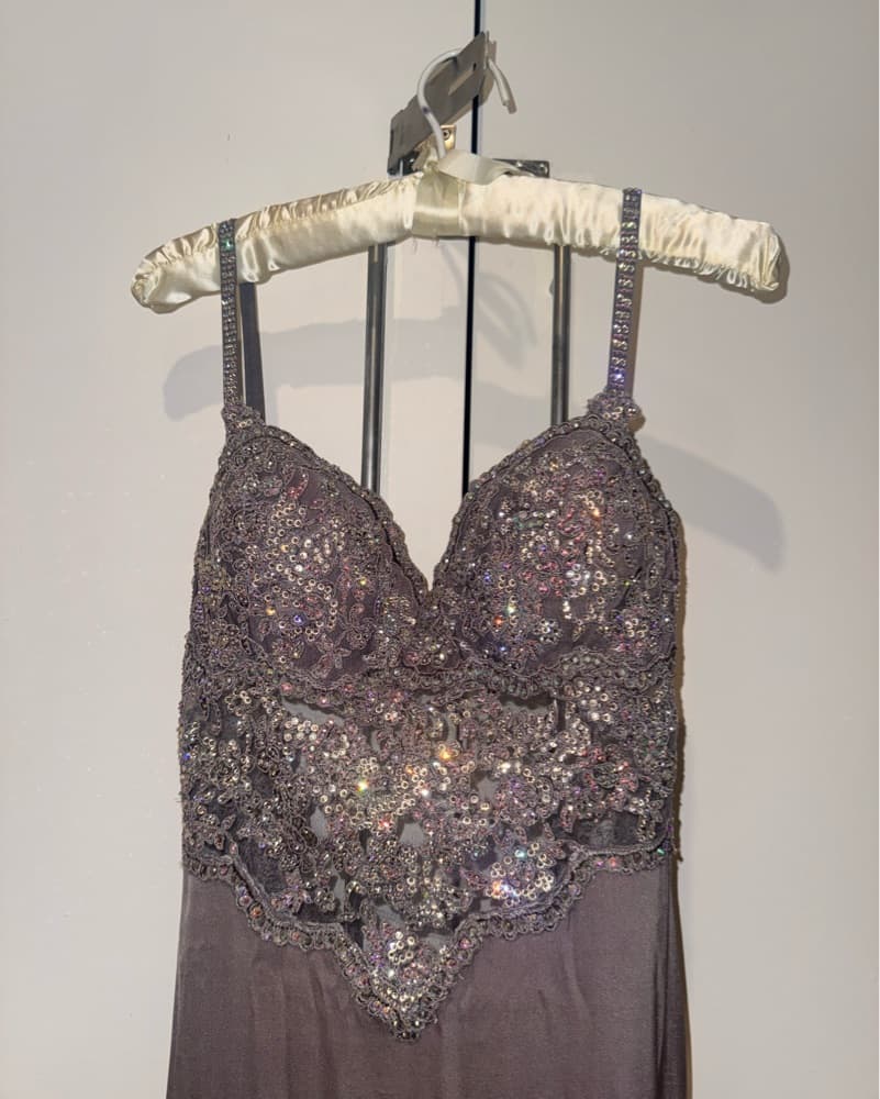 Taupe Sequin Beaded Formal Gown Swarovski Custom Design Slit Gala Dress - Image 4