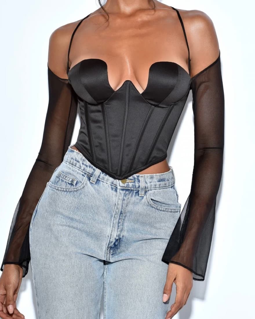 Mesh Sleeve Halter Corset Satin Top - Image 1