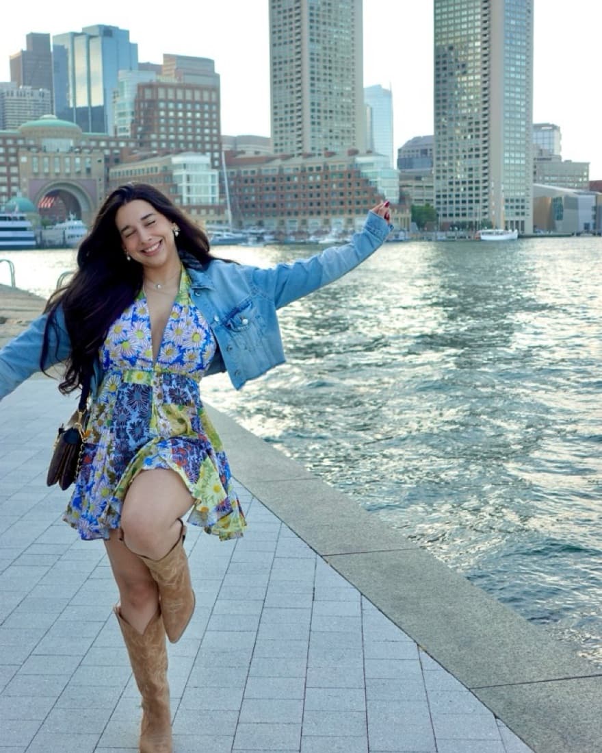 Vibrant Floral Midi Dress with Denim Jacket - Image 1