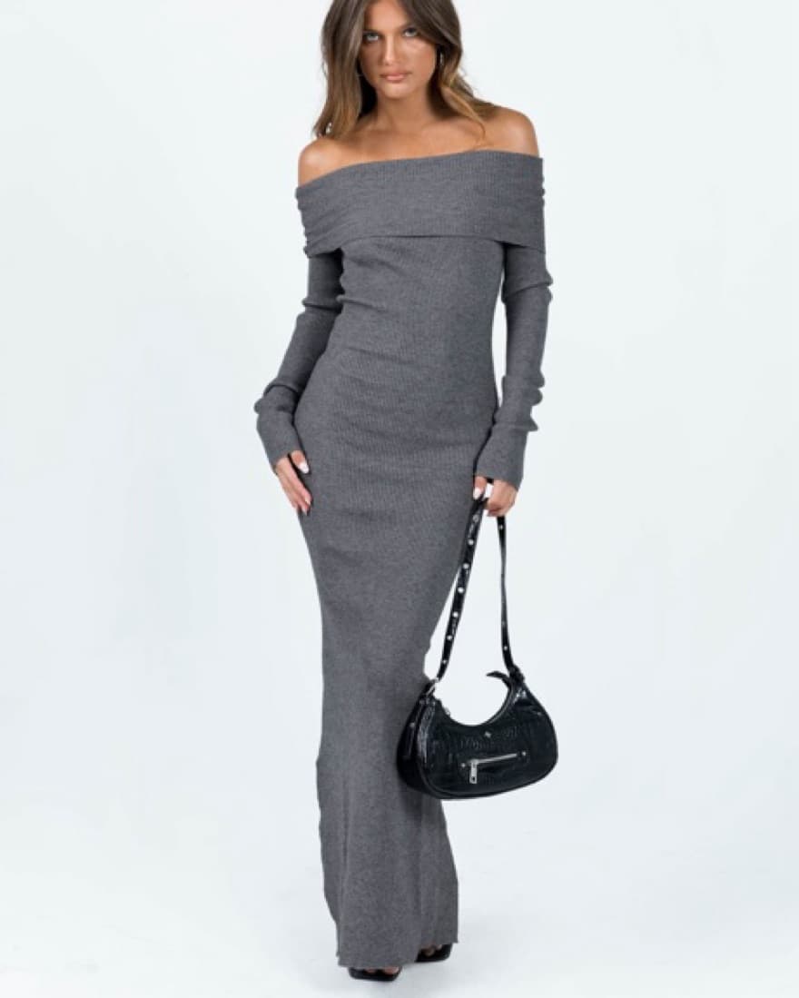 Chic Off-Shoulder Gray Maxi Dress - Image 1