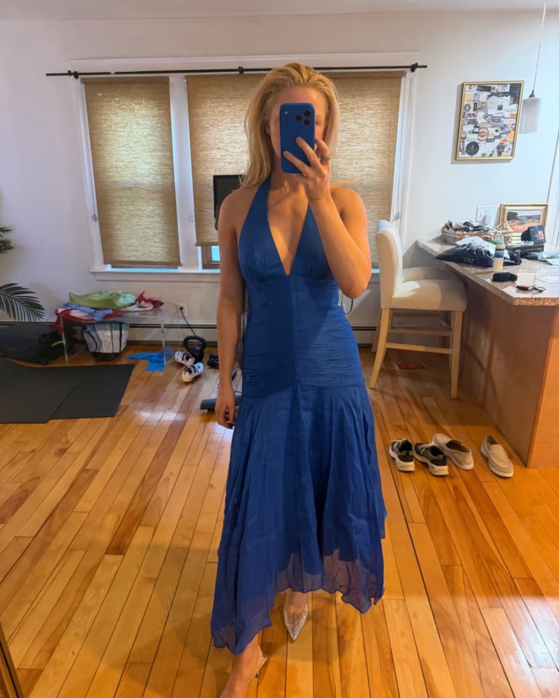 AMUR Blue Ruched Halter Midi Dress - Image 4