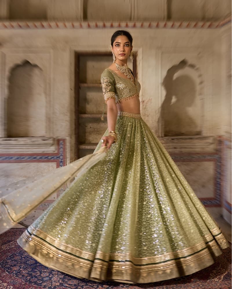 Sparkling Olive Green Sequin Lehenga - Image 1