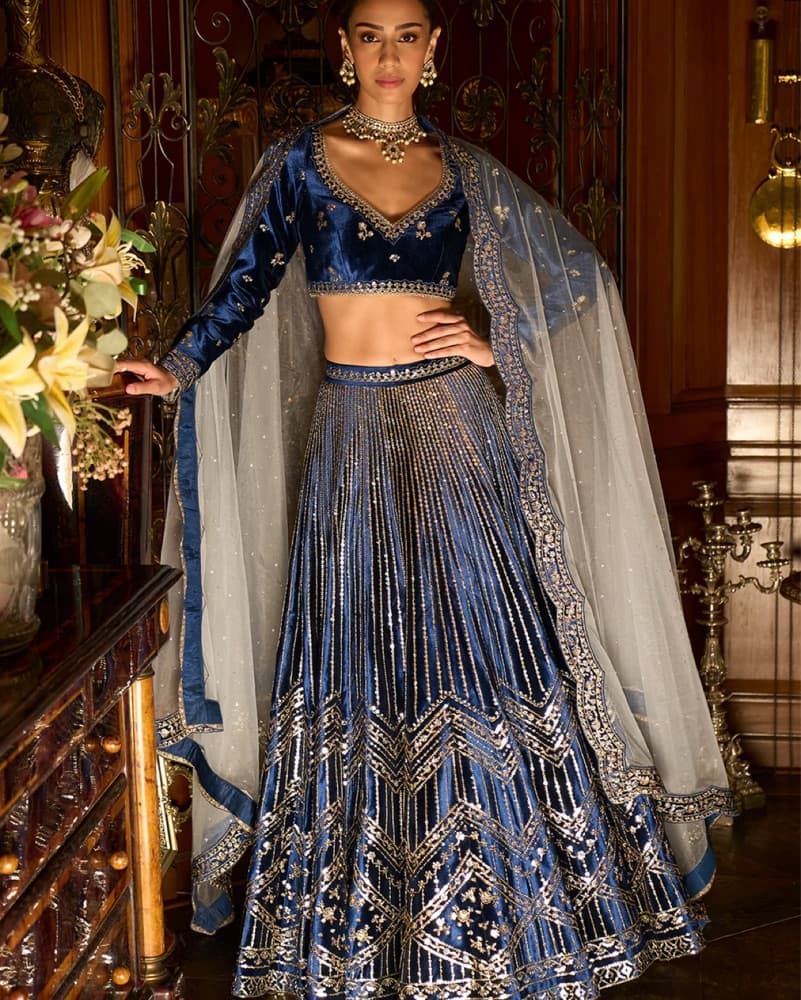 Blue Embroidered Velvet Lehenga - Image 1
