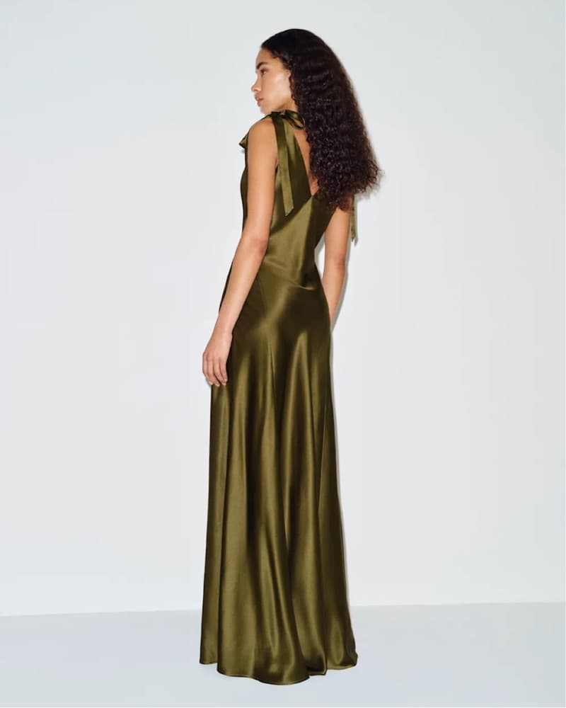 Reformation Silk Green Bow Gown - Image 3