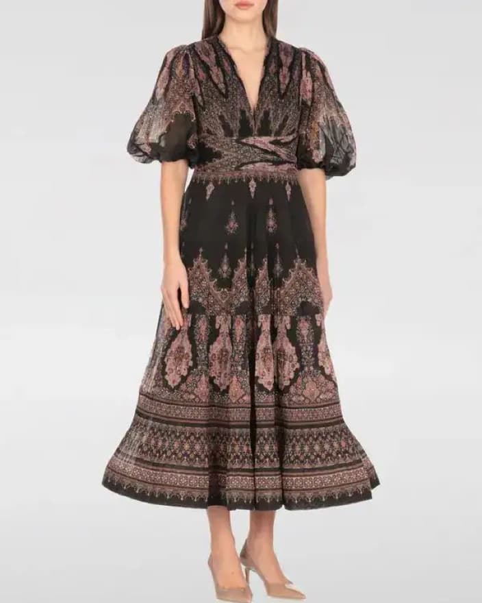 ZimmermannPaisley Puff Sleeve Midi Dress - Image 1