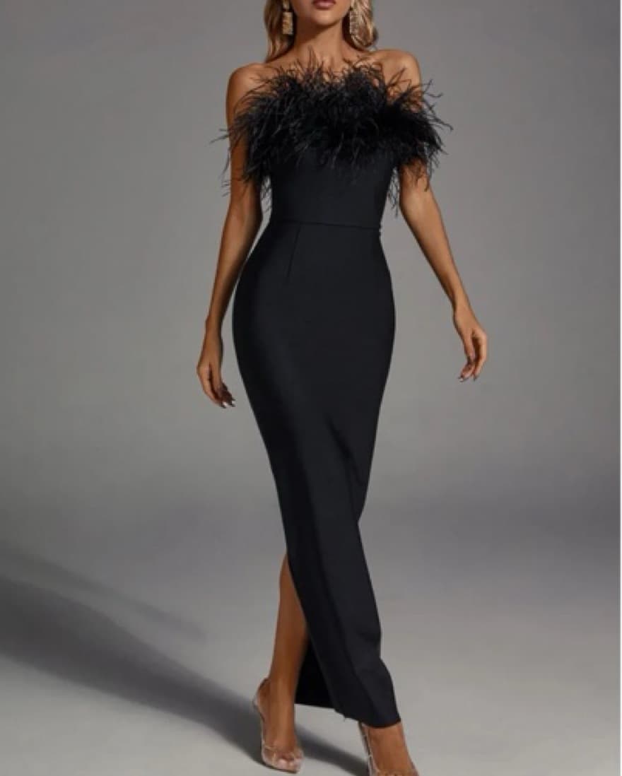 NAOMI Black Feather Tassel Maxi Dress - Image 1