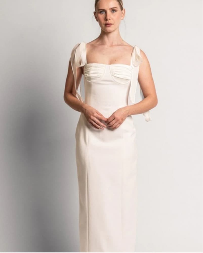 Ivory And Satin Ribbon Column Gown - Image 1