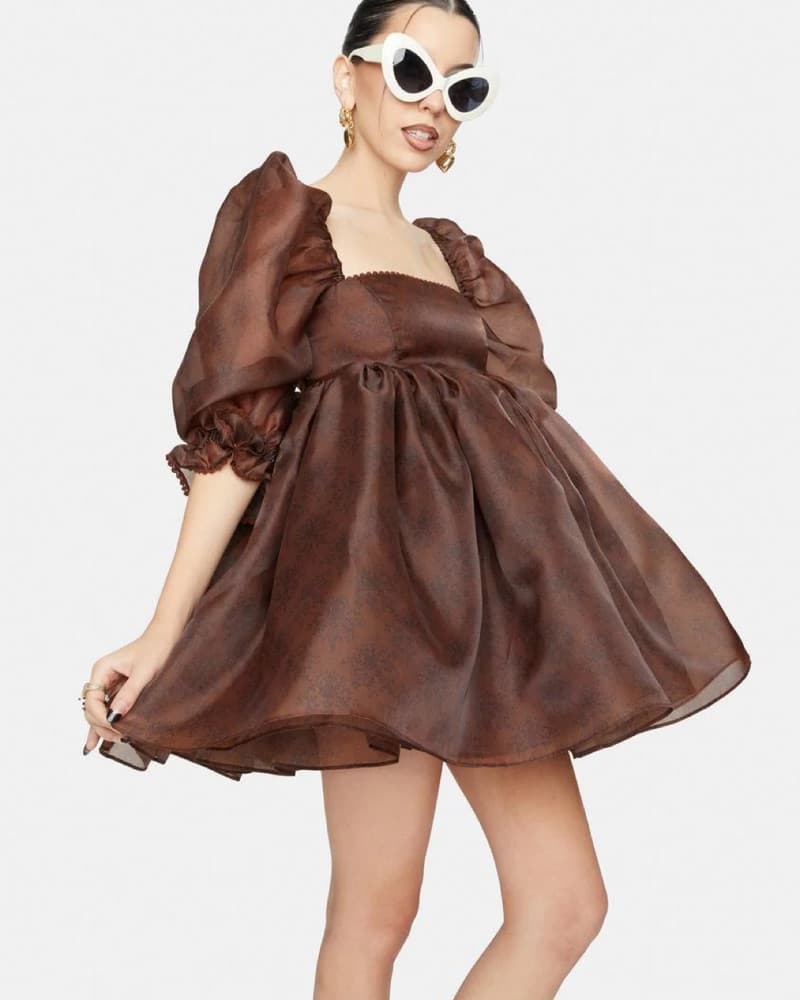 Selkie Chocolate Brown Puff Sleeve Dress - Image 1