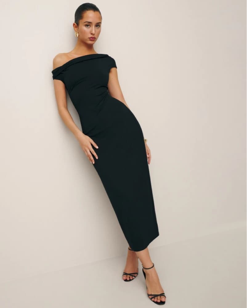 Off-the-Shoulder Black Midi Dress - Image 1
