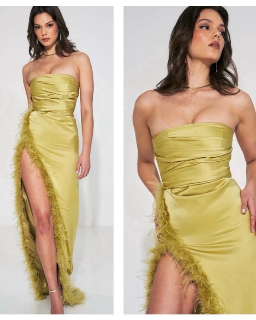 Olive High Slit Feather Gown - Image 3