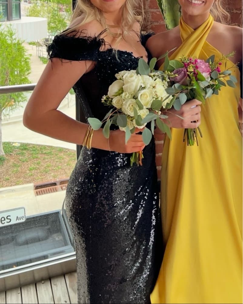 Black Feather and Sequin Prom Dress - Image 1