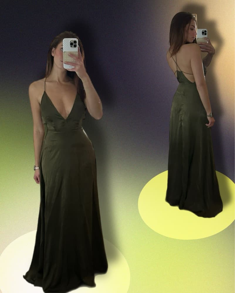 Olive Green Satin Gown Open Back - Image 1