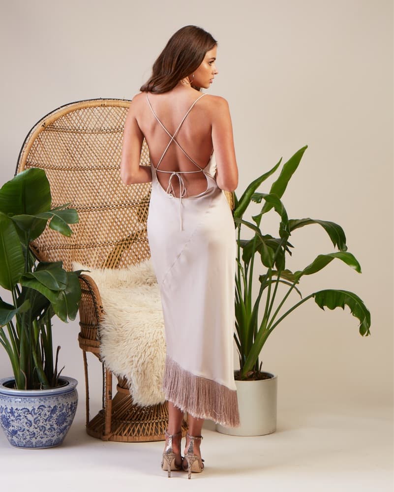 Slinky Champagne Fringe Mini Dress - Image 2
