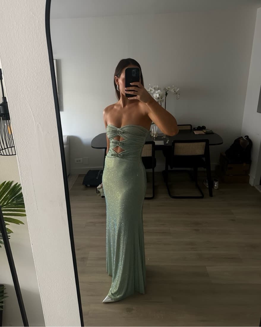 Rhinestone Strapless Gown in Green - Image 2