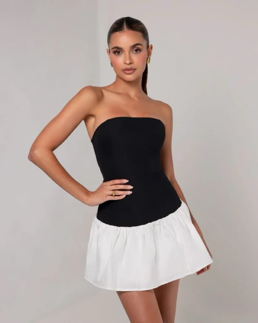 BLACK STRAPLESS COLORBLOCK FLARE MINI DR - Image 2