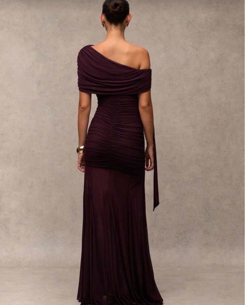 Burgundy One-Shoulder Ruched Maxi Dress - Image 2