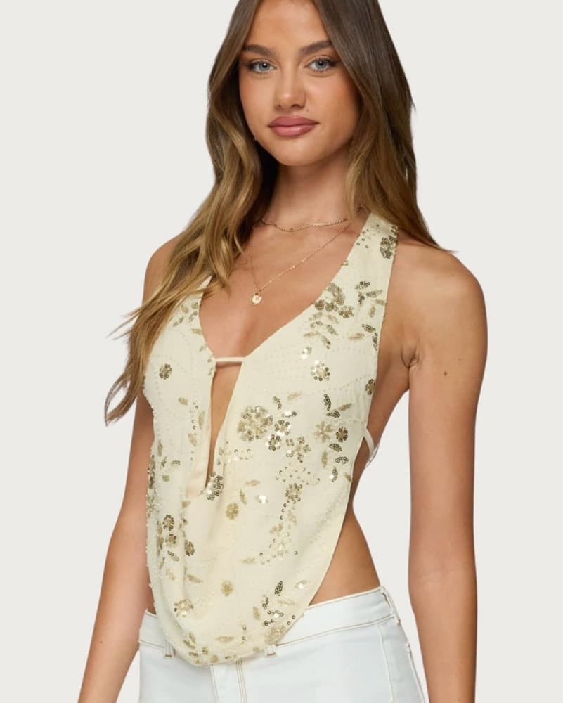 Edikted Beaded Backless Cowl Neck Top - Image 1