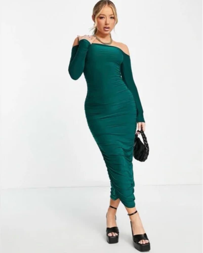 Ruched Off-Shoulder Emerald Green Midi Dress - Image 1
