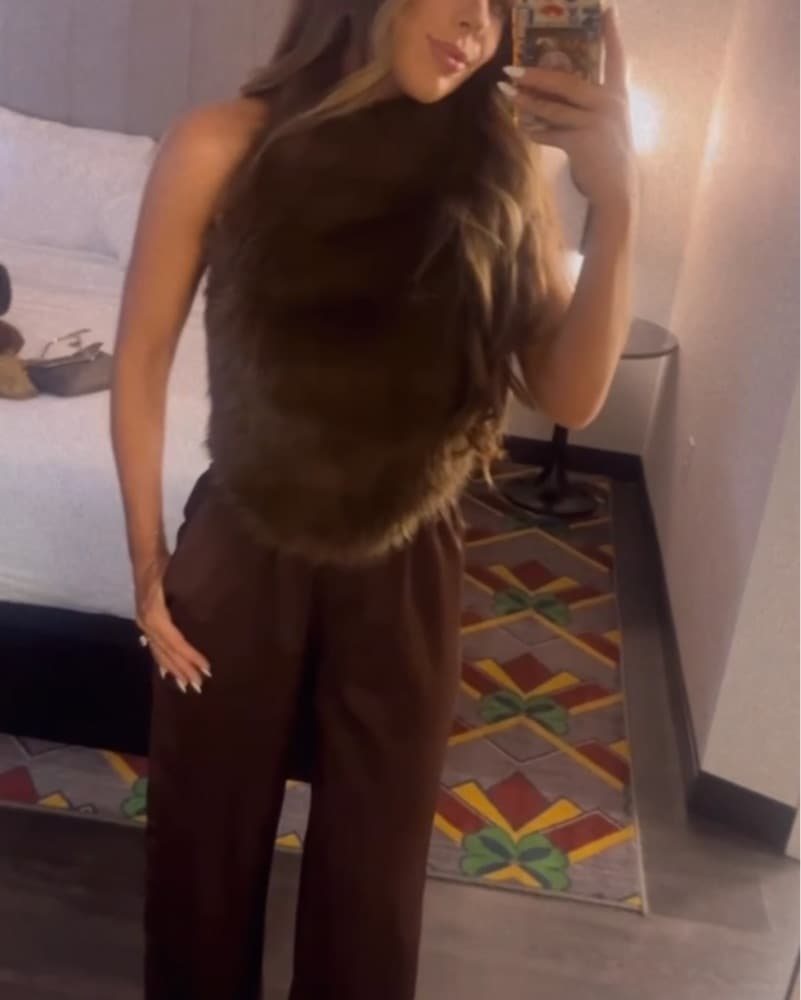 Bardot Brown Fur Halter Top - Image 4