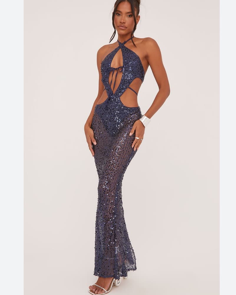 Blue Sequin Halter Cutout Maxi Dress - Image 2
