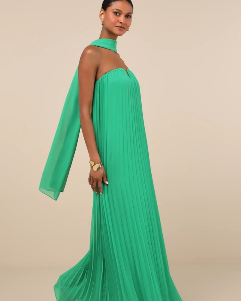 Green Pleated Strapless gown with scarf  - Image 3