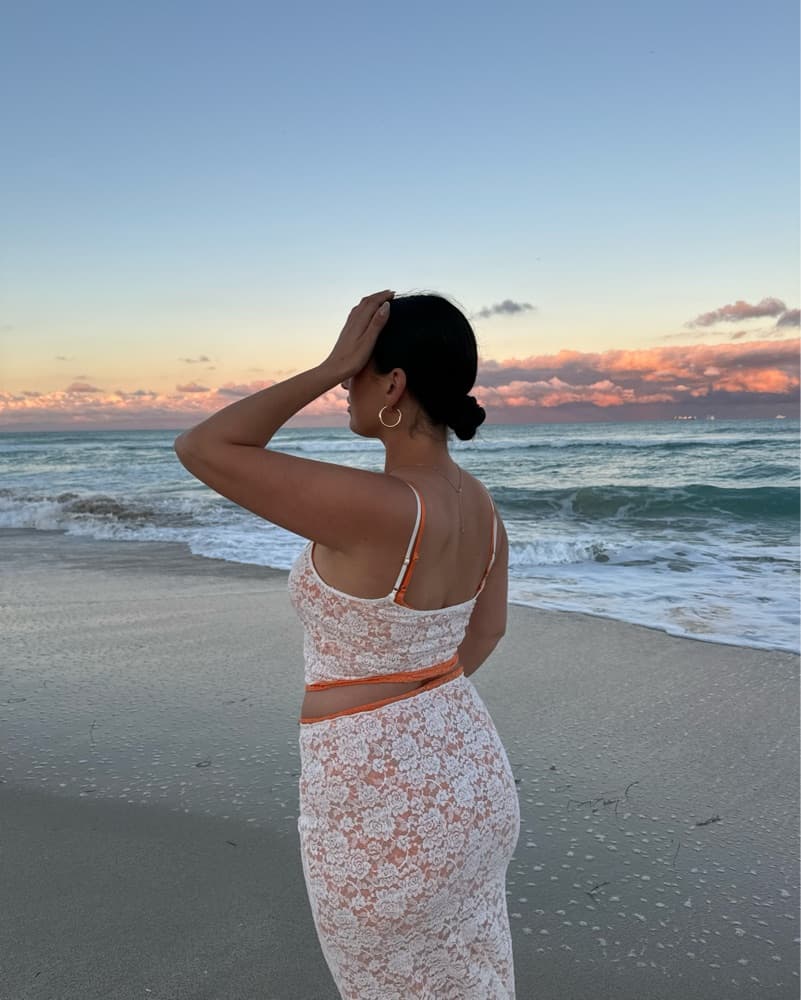 Orange Contrast Lace Skirt Set - Image 4