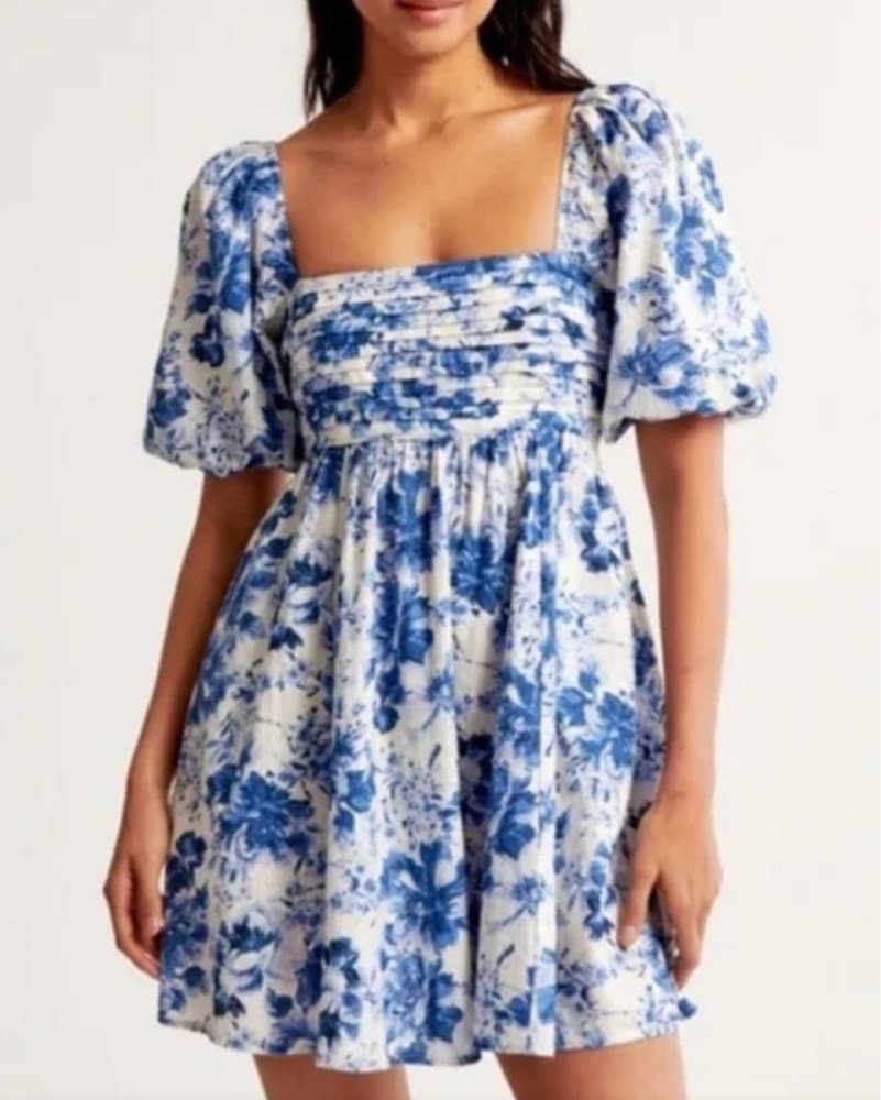 Blue Floral Puff Sleeve Mini Dress - Image 3