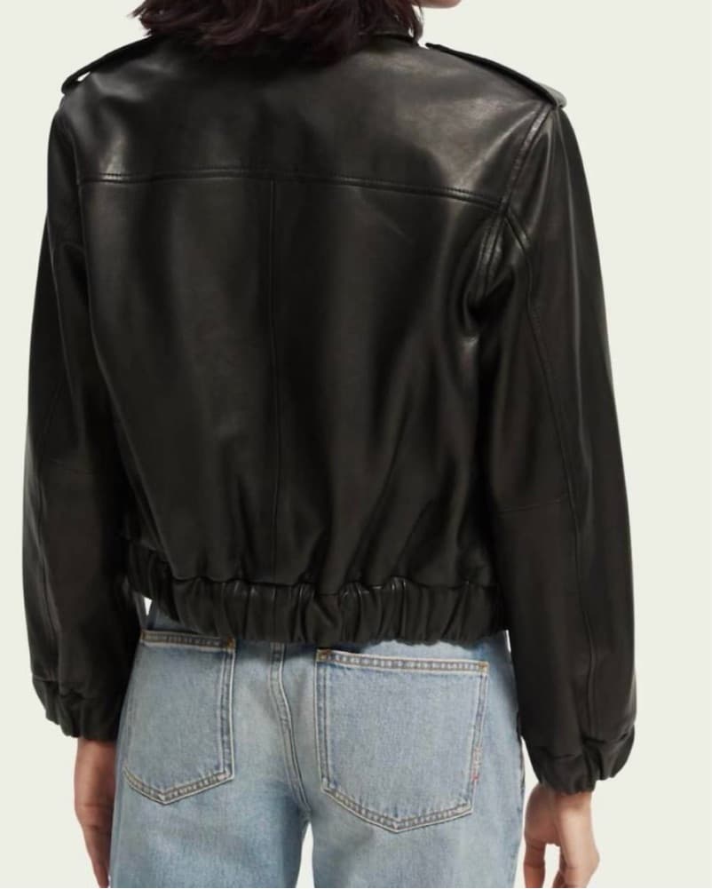 Black Leather Bomber Jacket - Image 2