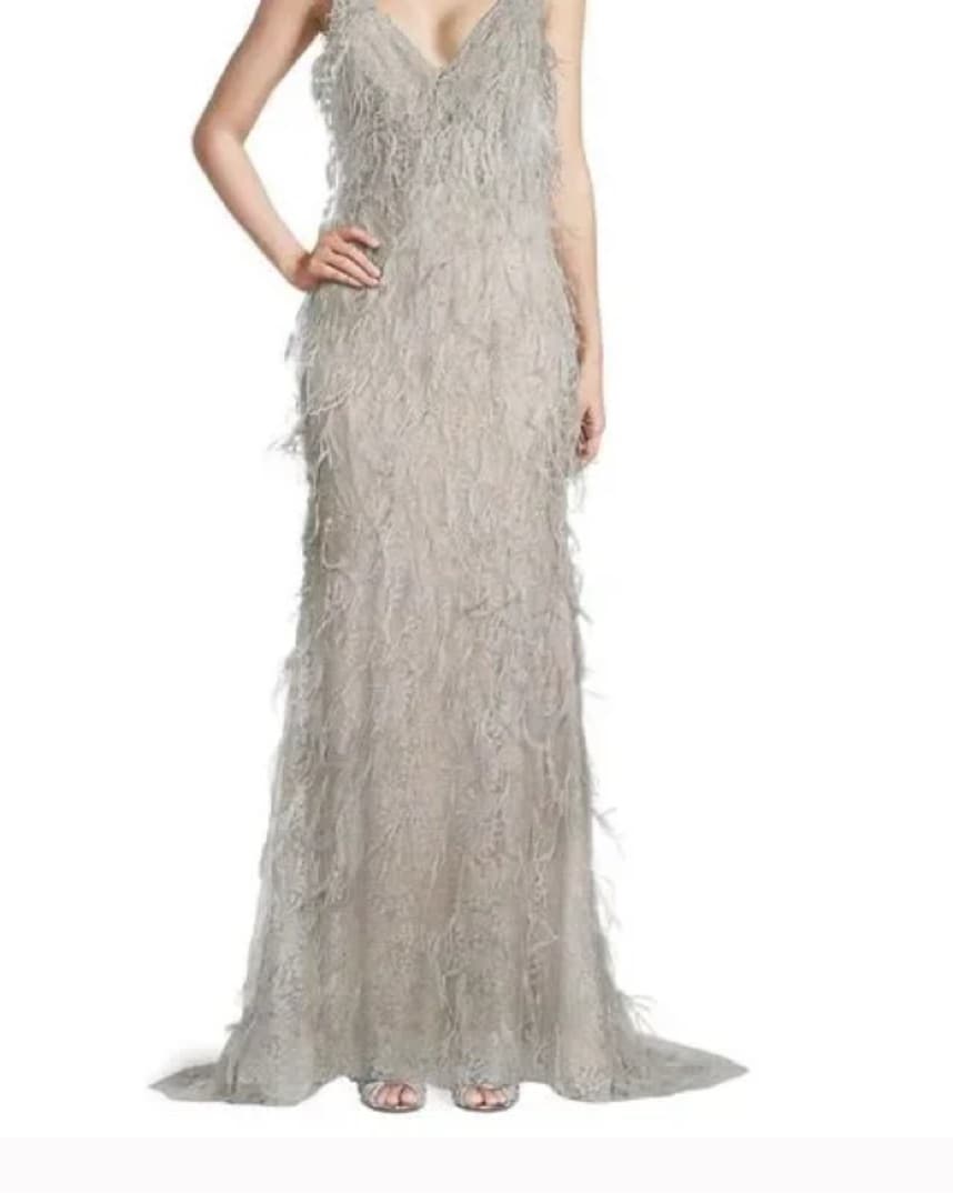 Gray/Silver Floor Length Feather Gown - Image 2