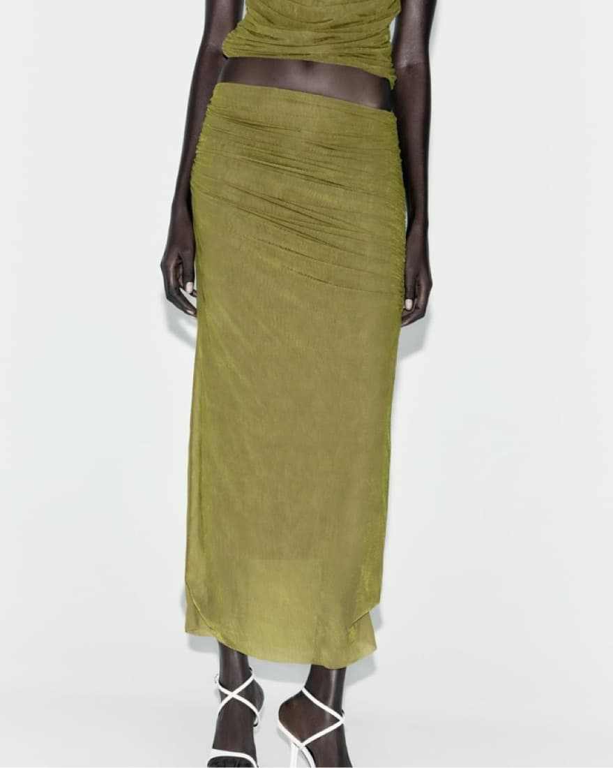 Zara Green Ruched Organza Skirt - Image 2