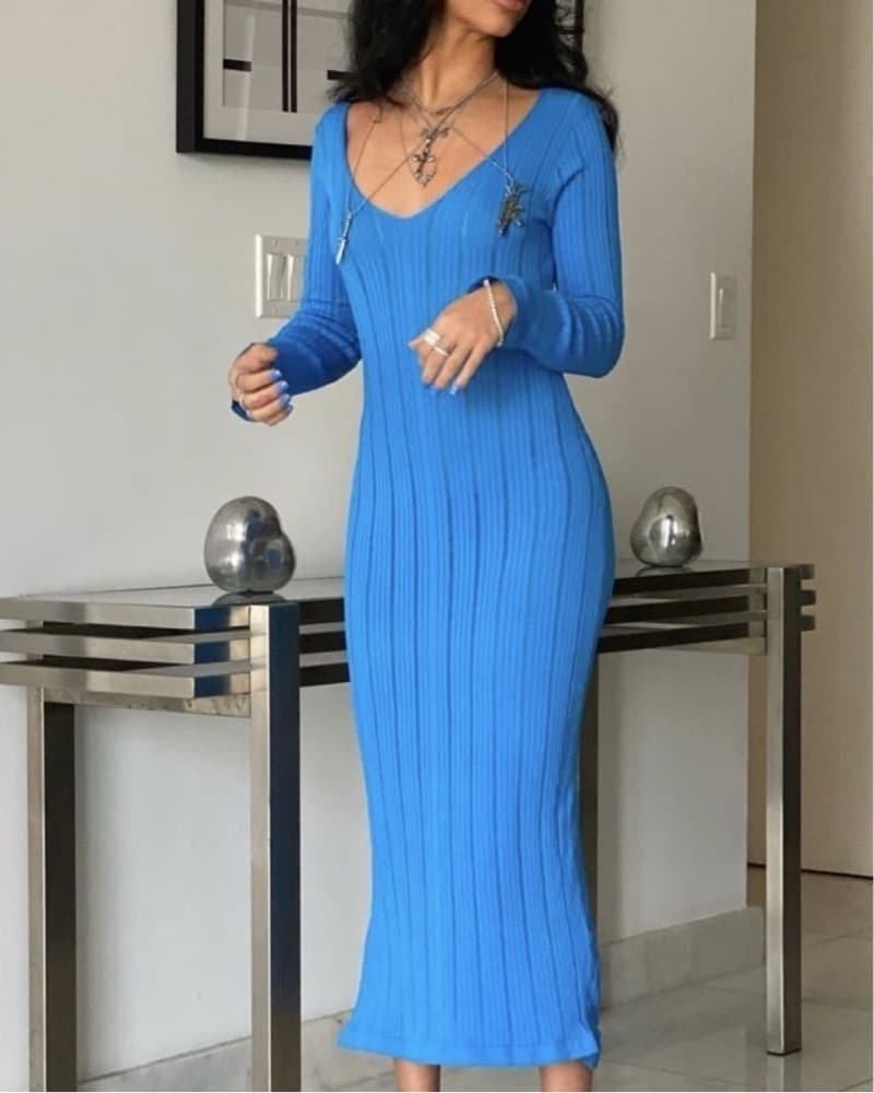 Blue Knit Midi Dress  - Image 2