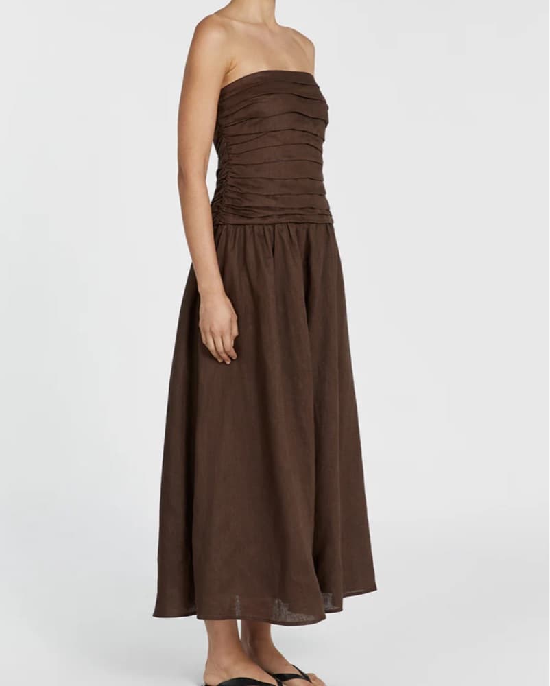 Elegant Brown Strapless Midi Dress - Image 2