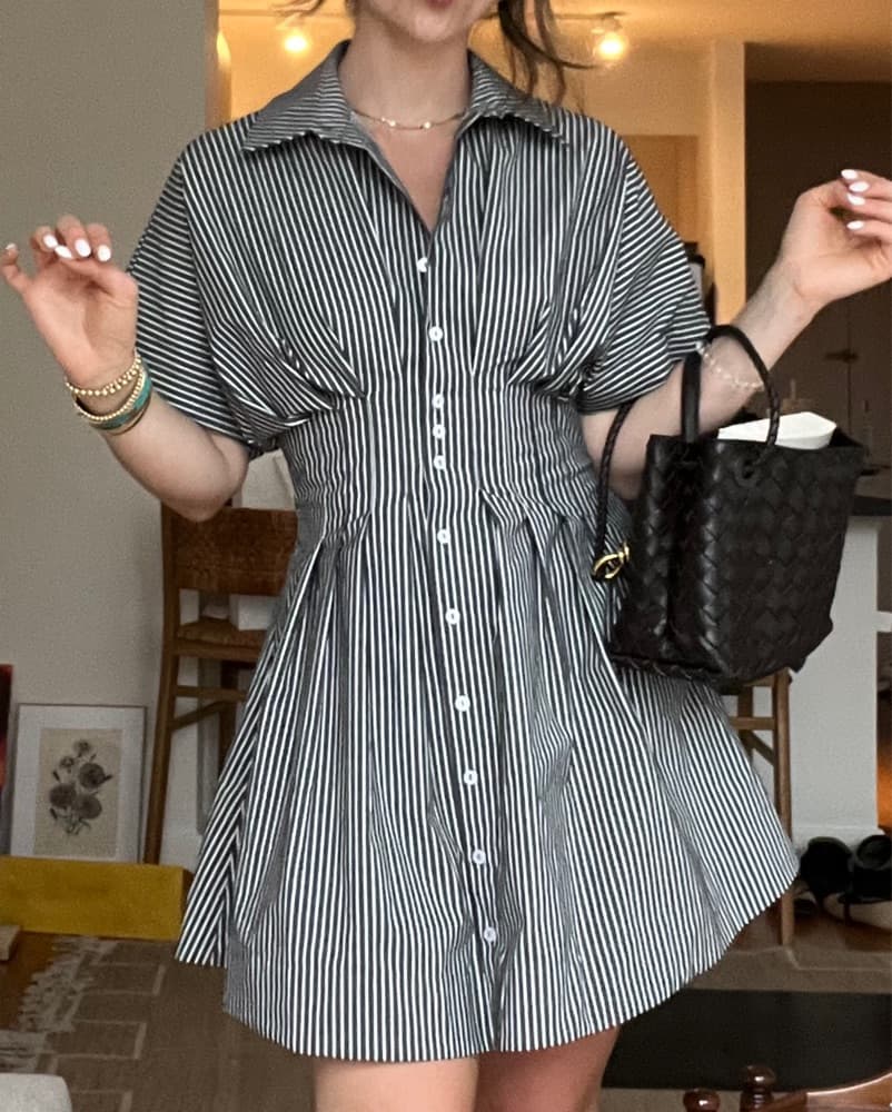 Pleated Striped Mini Dress  - Image 1