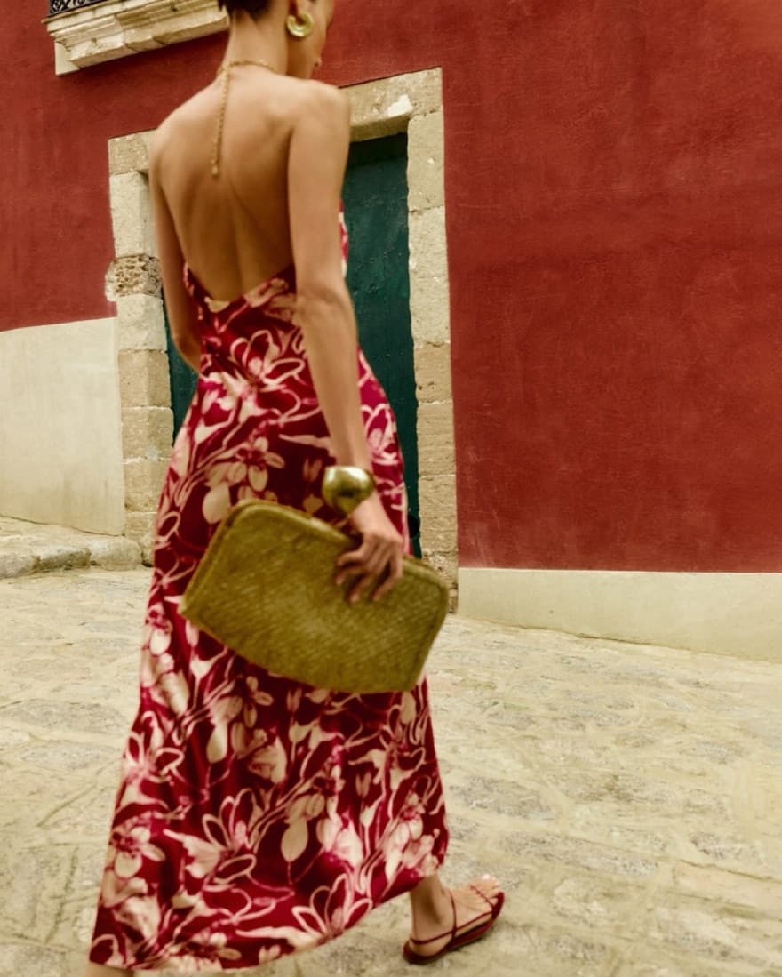 Red Floral Silk Halter Maxi Dress - Image 3